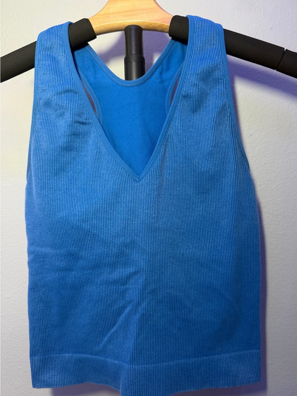 Joy Lab Women’s Blue Ribbed V-Neck Tank Top with Razor back and built-in bra.